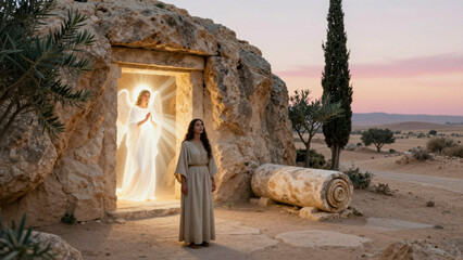 Fototapeta premium A woman stands before an angel in a cave.. Jesus of Nazareth, Bible scenes