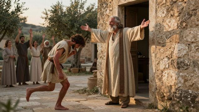A biblical scene with Jesus and followers outdoors.. Jesus of Nazareth, Bible scenes