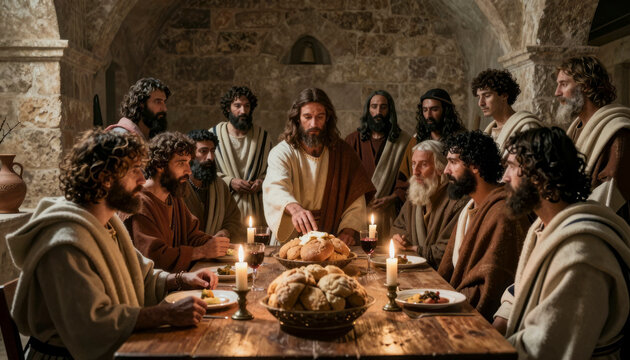 Jesus and disciples sharing a meal in ancient setting.. Jesus of Nazareth, Bible scenes