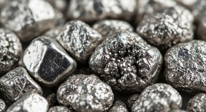 Macro View of Raw Silver Ore Nuggets Shiny Metallic Minerals Texture B