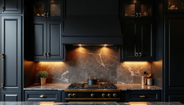 Dark luxury kitchen features black cabinets gold hardware marble backsplash modern gas stove with pot. Warm under cabinet lighting creates inviting ambiance for cooking.