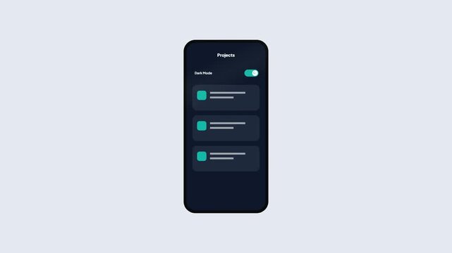 Project management mobile application interface toggling between light and dark mode themes