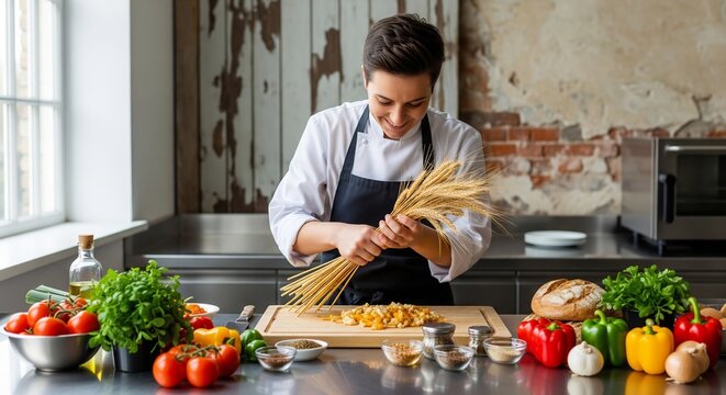 Professional Chef Holding Wheat Stalks Over Fresh Ingredients in a Rus