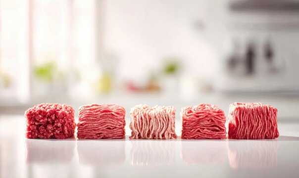 Five portions of raw ground beef neatly lined up on a reflective surface