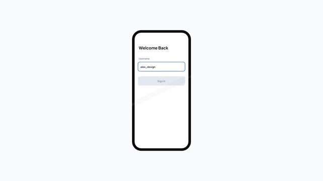 User login interface on mobile device showing username input and successful sign in animation