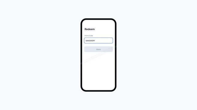 Mobile promo code redemption screen with input field and successful discount application message