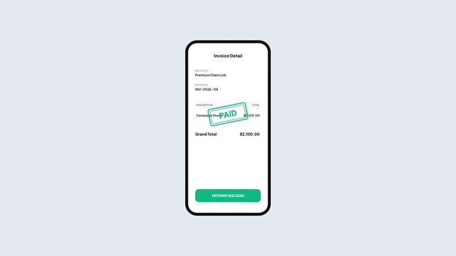 Mobile device screen displaying digital invoice for photography campaign shoot with payment success confirmation