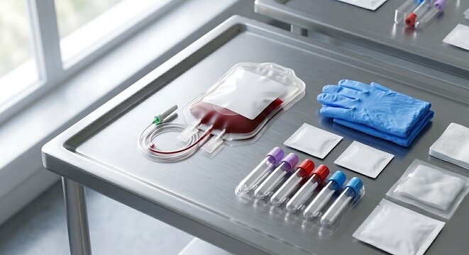 Medical staff prepare blood transfusion equipment on a hospital table near a window