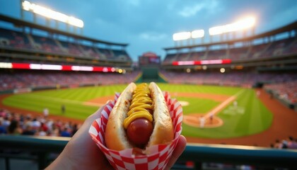 Fototapeta premium Hand holds classic hot dog with mustard at baseball game. Spectators watch game in stadium. Enjoying food at sports event under stadium lights. People cheer, consume snacks.