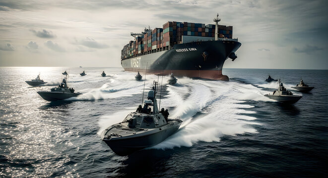 Military escort for cargo ship, naval security boats protecting container vessel at sea, maritime defense and global trade protection concept