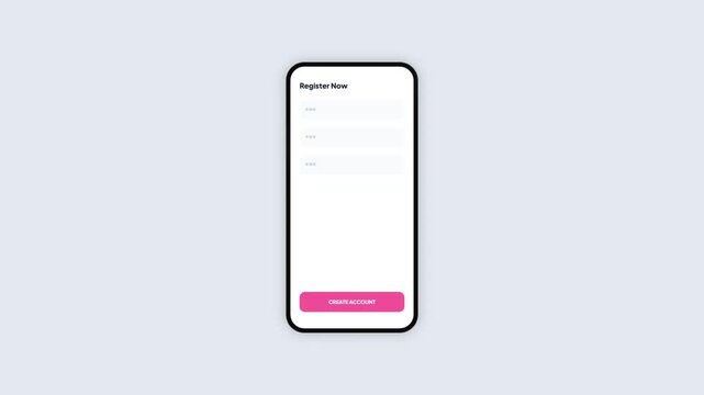 Mobile app registration success screen animation with pink theme pink button and greeting message