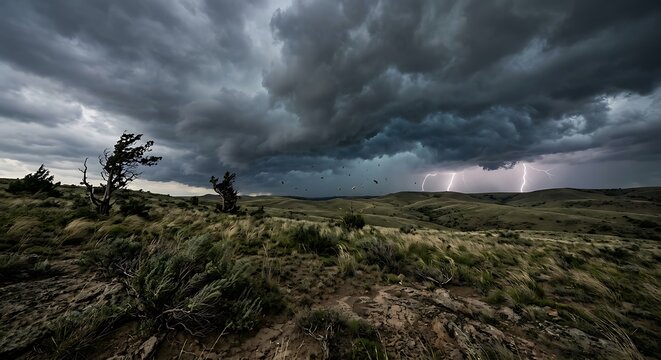 Dark storm clouds gather over a rural landscape with lightning and trees