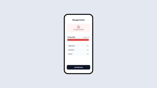 Mobile storage management interface showing disk space optimization process and cleanup success