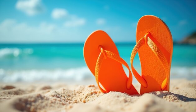 Bright orange flip flops rest in fine beach sand. Turquoise ocean waves gently wash shore under clear blue sky. Bright summer day calls for seaside relaxation and barefoot fun.