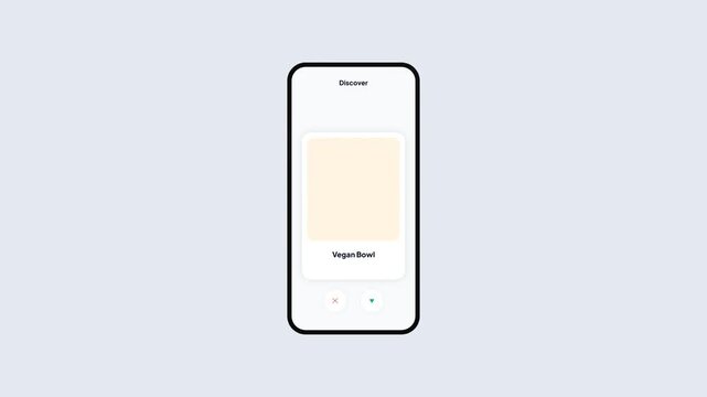 Mobile food discovery app interface with card swipe gesture for restaurant meal selection