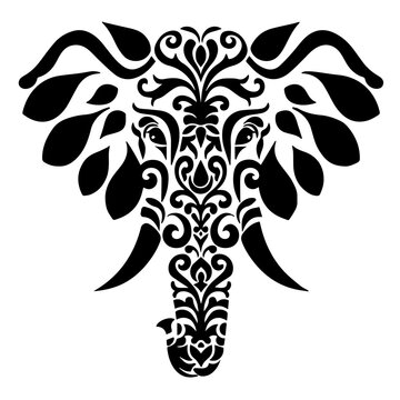Elephant in zentangle art, stencil logo, black and white animal illustration. Floral mandala elephant head