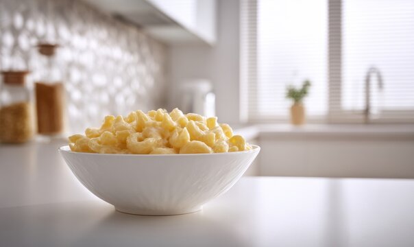 Delicious macaroni and cheese in white bowl on kitchen counter