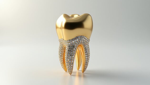 Gold tooth with diamond encrusted crown and roots. Shiny precious metal dental crown with gemstone adornments. Luxury, wealth, and cosmetic dentistry concept. Isolated object on plain background.