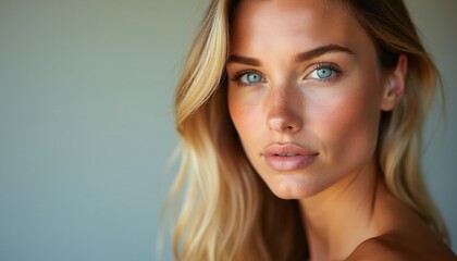 Naklejka premium Blonde woman with blue eyes and natural skin looks at camera. Light studio shot for beauty ad. Copy space available for text. Healthy face. She has freckles.