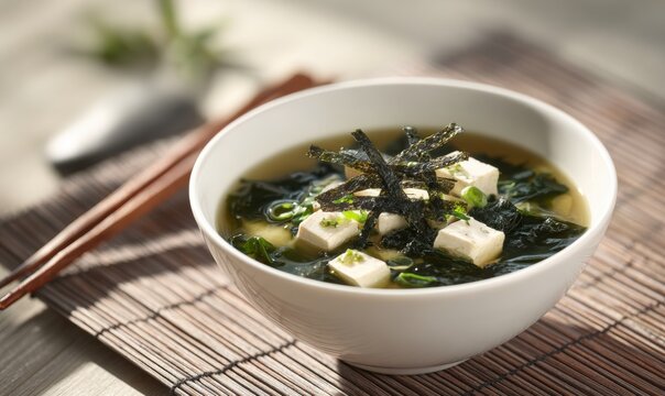 Tofu and seaweed soup in white bowl, bamboo mat, chopsticks, healthy meal