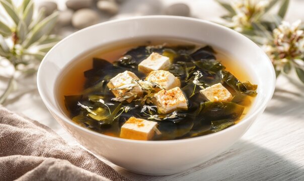 Delicate bowl of Japanese seaweed and tofu soup