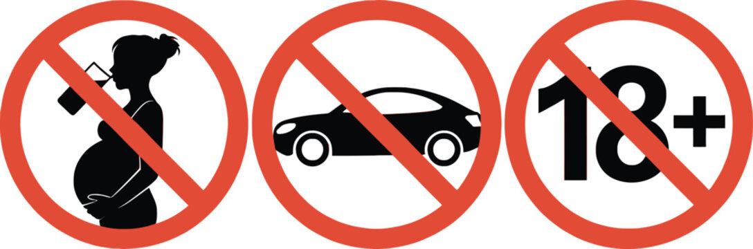 Prohibition sign icon collection including no drinking during pregnancy and 18+ age restriction symbols. Flat vector warning set for safety rules, public health, and regulatory compliance design.