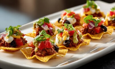 Fototapeta premium Appetizing nacho bites served on white tray