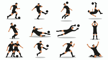 Obraz premium Flat vector illustrations of professional soccer players in various action poses including kicking heading and goalkeeping, illustrating athletic training and sports marketing content