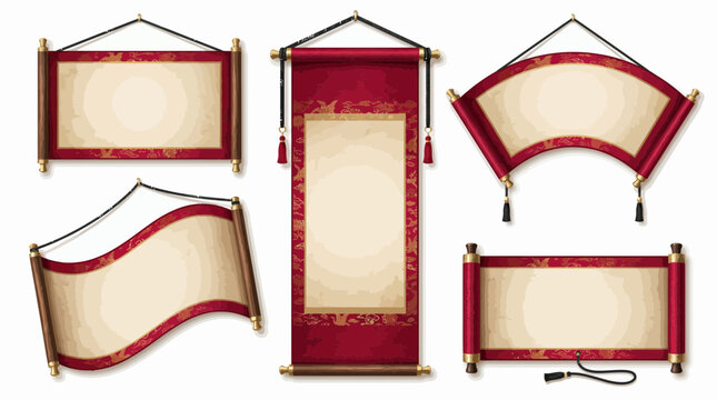 Collection of traditional red Chinese hanging scrolls with ornate patterns and blank aged parchment paper, representing oriental decorations and symbolizing lunar new year celebration