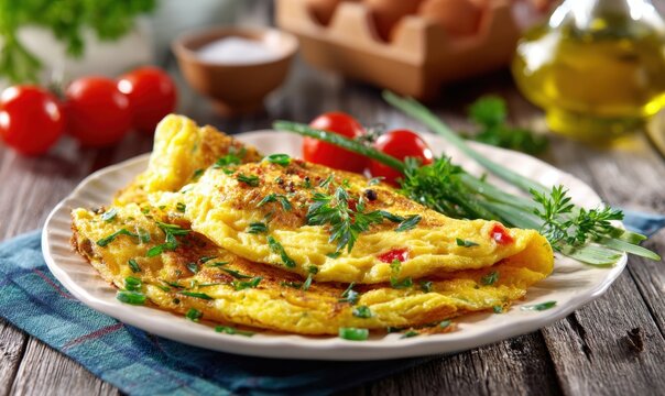 Delicious, homemade omelette with colorful vegetables and herbs