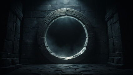 Fototapeta premium Ancient Stone Portal in Dark Underground Tunnel