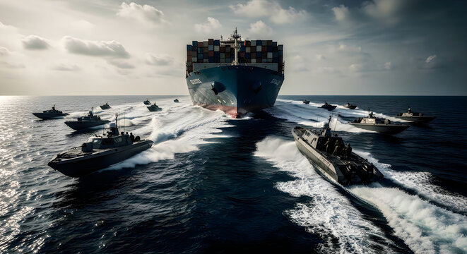 Maritime security escort for container ship, naval patrol boats protecting cargo vessel at sea, global trade logistics and maritime defense