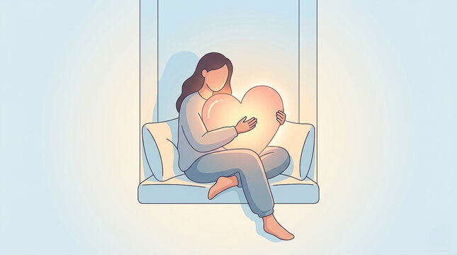 Woman sitting on a bench hugging a large glowing heart | Gentle self-love and compassion concept