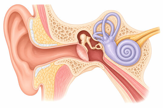 Human ear anatomy cross section with cochlea and ossicles