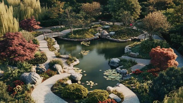 Calm setting with koi pond, walking path and rock elements.
