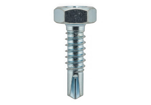 Single metal self drilling screw with hex head isolated on transparent background