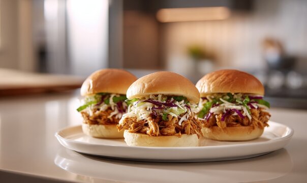 Three juicy sliders with shredded meat and coleslaw on a plate