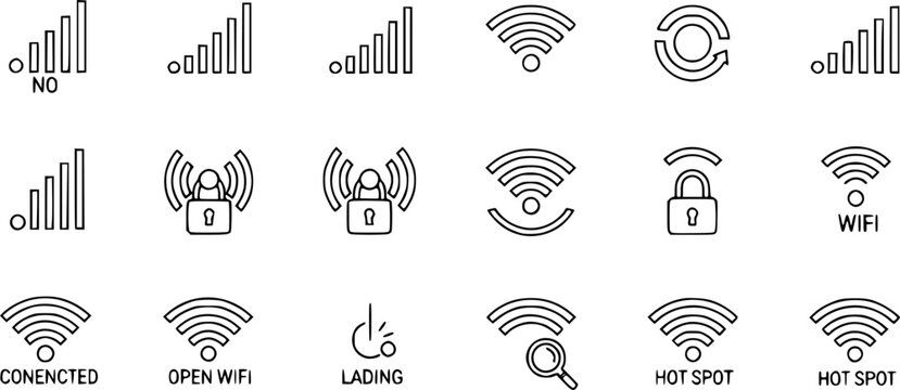 WiFi Signal and Connectivity Vector Icon Set Minimalist Line Art 16 Grid
