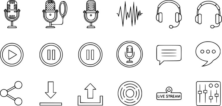 Microphone and Podcasting Vector Icon Set Minimalist Line Art 16 Grid
