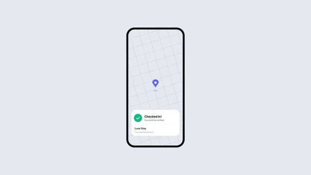 Mobile app interface showing hotel check-in process with location pin and successful verification message