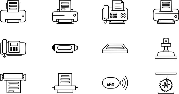 Printing and Fax Machine Vector Icon Set Minimalist Line Art 9 Grid
