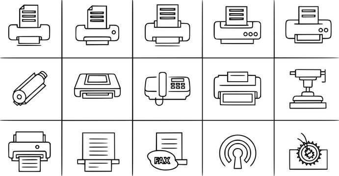 Printing and Fax Machine Vector Icon Set Minimalist Line Art 9 Grid
