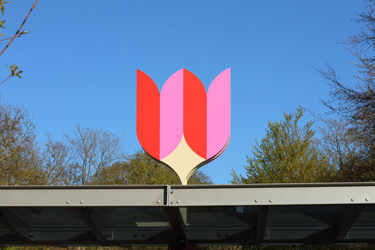 Lisse, South Holland / The Netherlands - April 22 2026: The Tulip - Logo Keukenhof over Keukenhof garden entrance