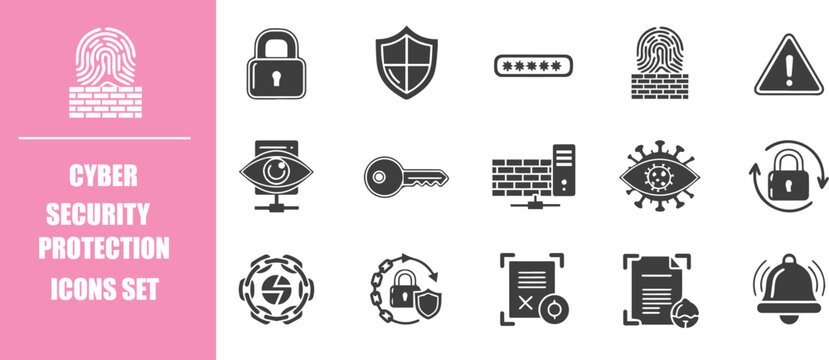 Cyber Security Protection Icons Set with Firewall Lock Shield Password and Data Safety Symbols in Clean Minimal Outline Style for Web App UI and Infographic Vector Illustration