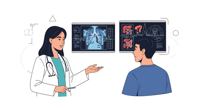 Professional female physician gesting toward digital medical screens while consulting with a young male patient in a modern clinic.