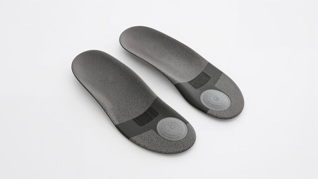 Orthopedic insoles on white background, foot support insert for comfort and posture