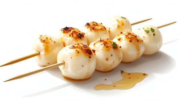 Delicious authentic street food photography of grilled meatball or fishball skewers glazed with sweet savory brown sauce.
