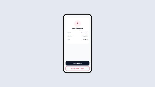 Mobile App UI Animation of Account Security Alert for New Login on Smartwatch with Two-Factor Authentication Options