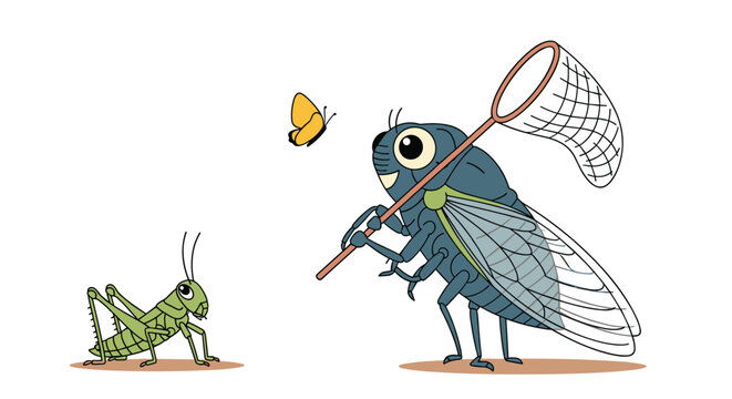 Whimsical scene of a large cicada character chasing a yellow butterfly with a net as a grasshopper observes from the side.