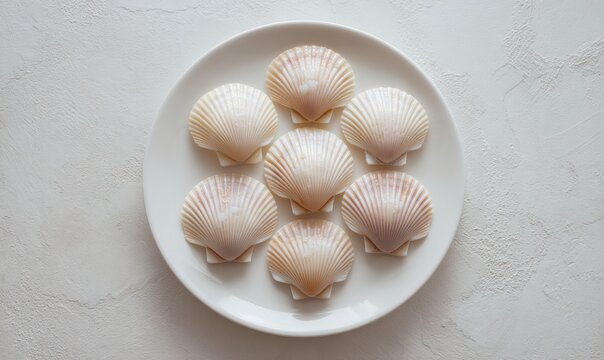 Fresh scallops displayed on white plate